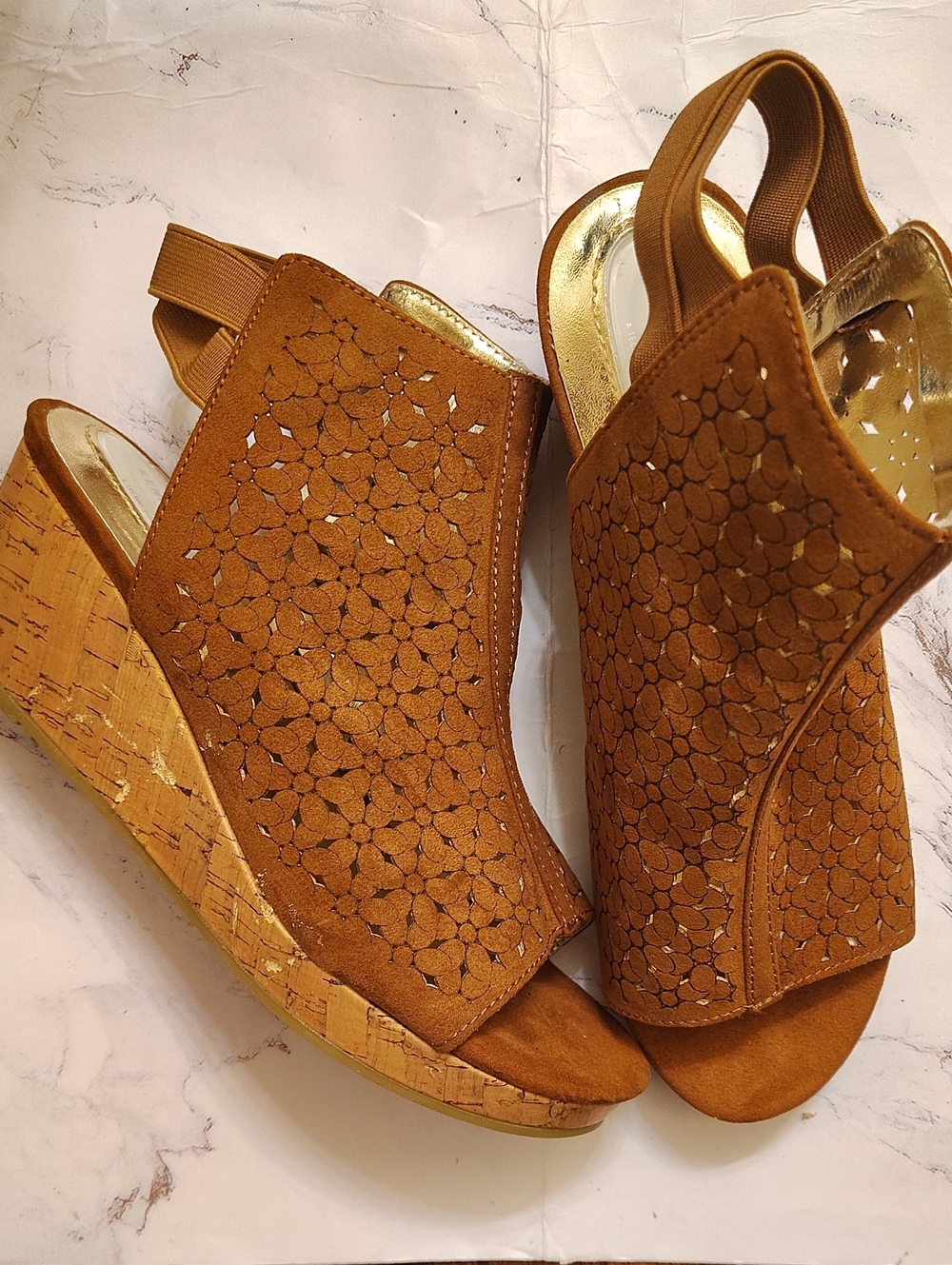 Women's Cork Wedge Sandals in Cognac Brown